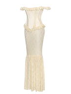 Ersilia Pale Yellow Satin Lace Trendy Peplum Corset Off Shoulder Maxi Dress Dresses
