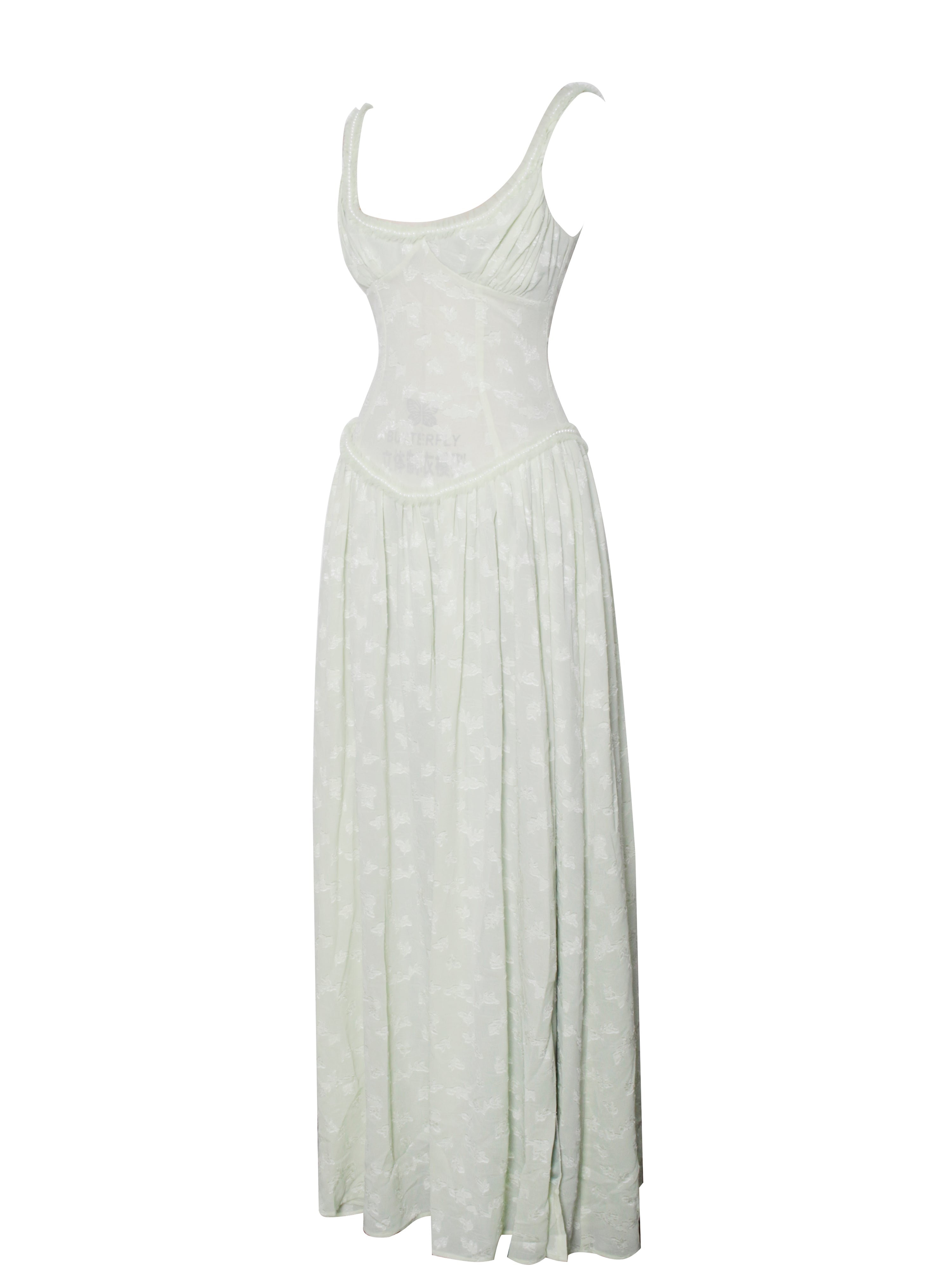 Ulissa Light Green Square Neck Trendy Jacquard Textured High Slit Maxi Dress Dresses