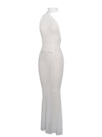 Olena White Burnout Velvet Animal Trendy Print Mesh Halter Neck Maxi Dress Dresses