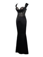 Callista Black Satin Charming Lace Corset Maxi Dress Dresses