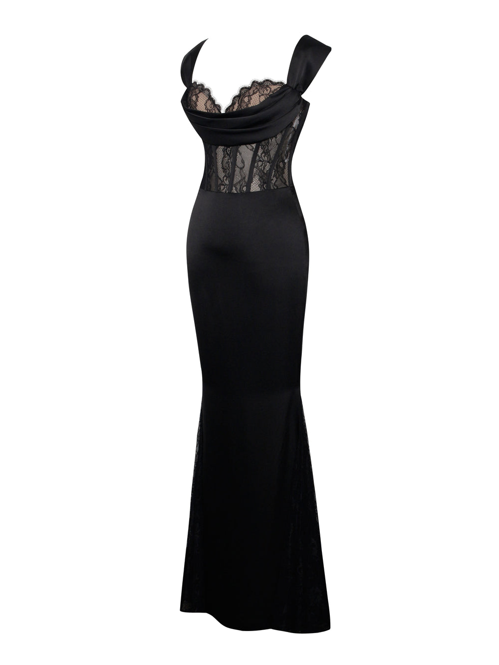 Callista Black Satin Charming Lace Corset Maxi Dress Dresses
