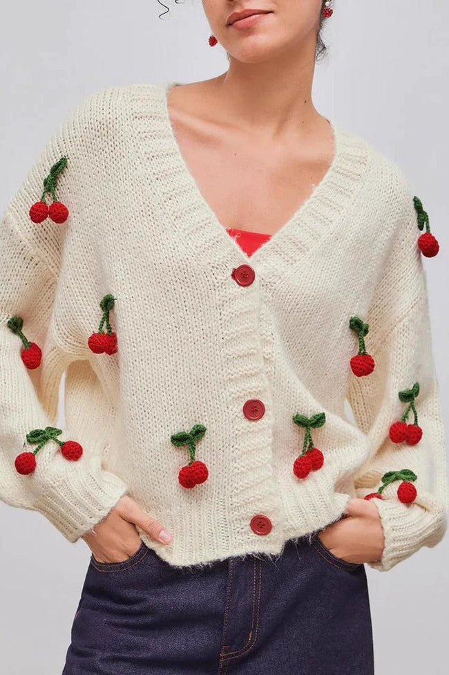 Cherry Embroidered Knit Cardigan Sweater White / S Main image