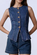 Floral Button Fitted Denim Vest Tank Top