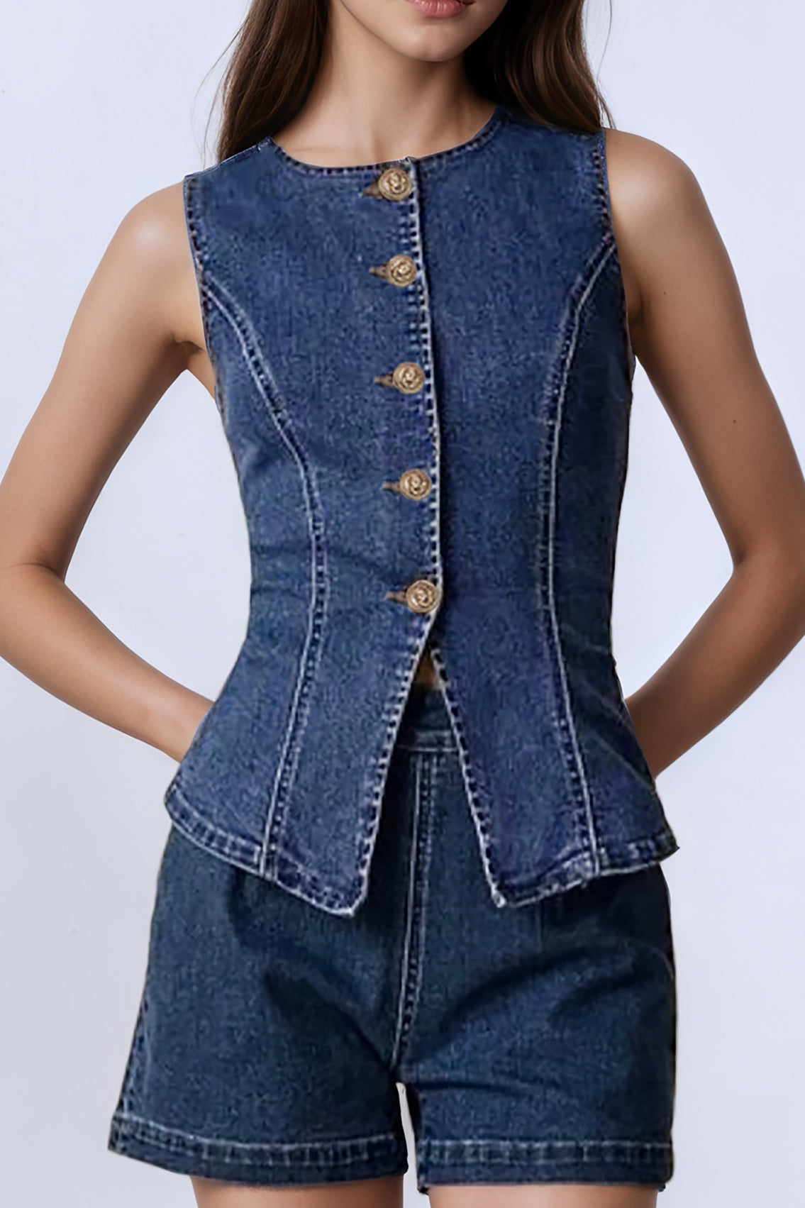 Floral Button Fitted Denim Vest Tank Top