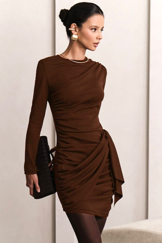 Draped Side Ruching High Waist Cocktail Dress S / Brown Main image