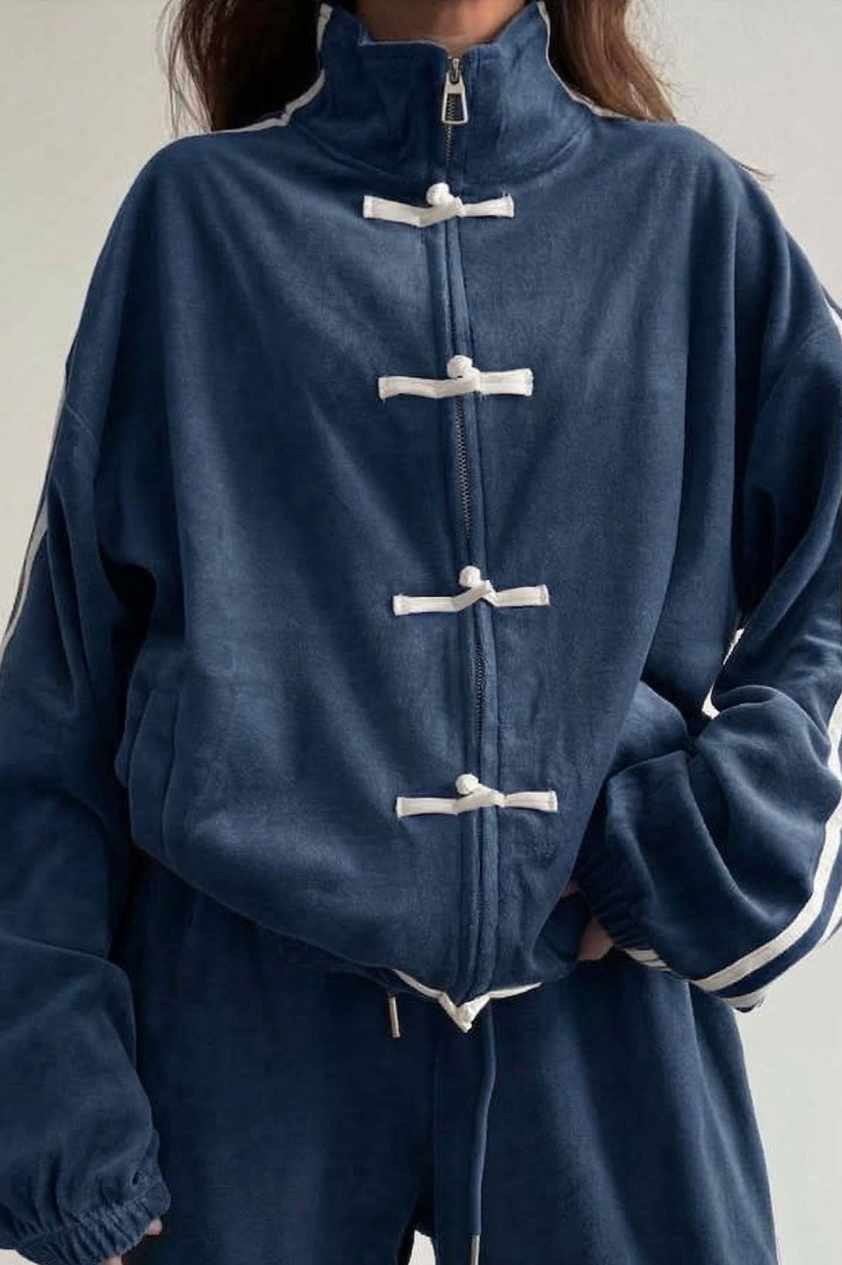 Stand Collar Suede Jacket Wide Leg Two Piece Set