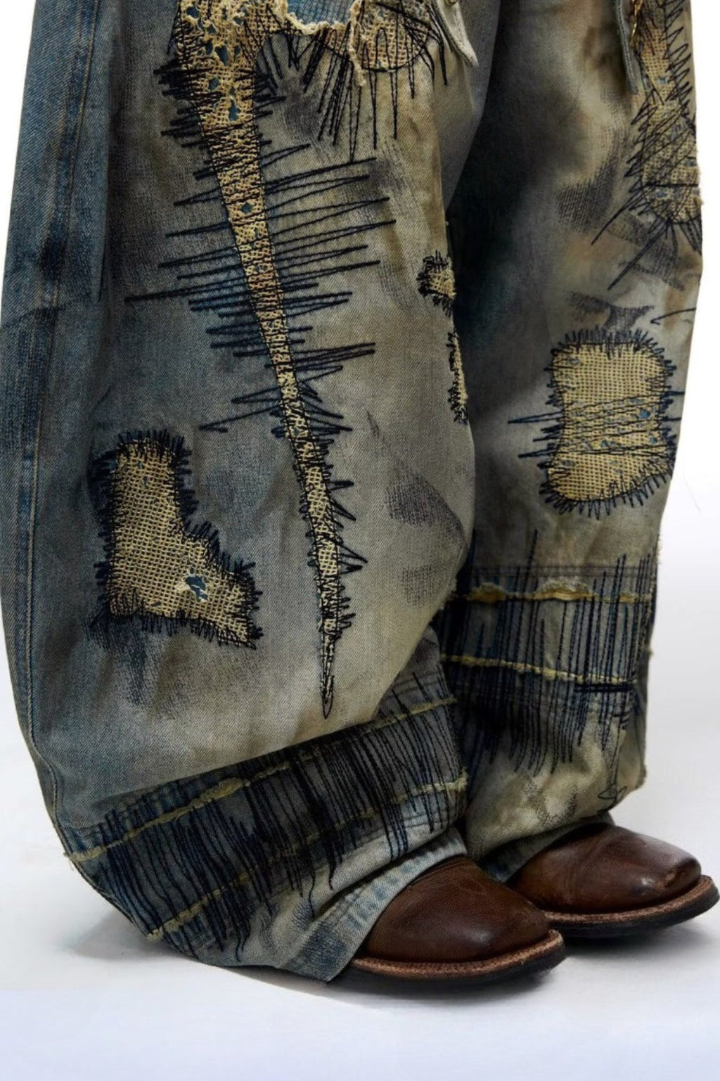 Distressed Stitch Embroidered Baggy Barrel Jeans