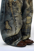 Distressed Stitch Embroidered Baggy Barrel Jeans