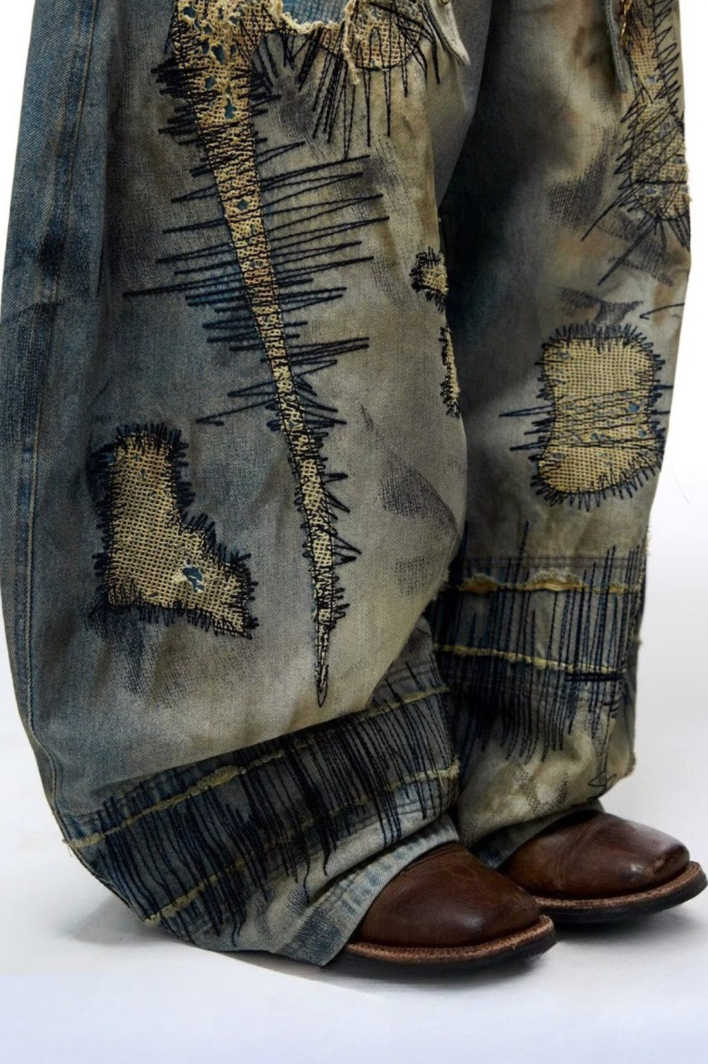 Distressed Stitch Embroidered Baggy Barrel Jeans