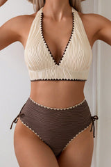 Halter Strappy Backless Textured Two Piece Swim Set