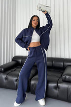 Stand Collar Zip Sweatshirt Stripe Pants Set