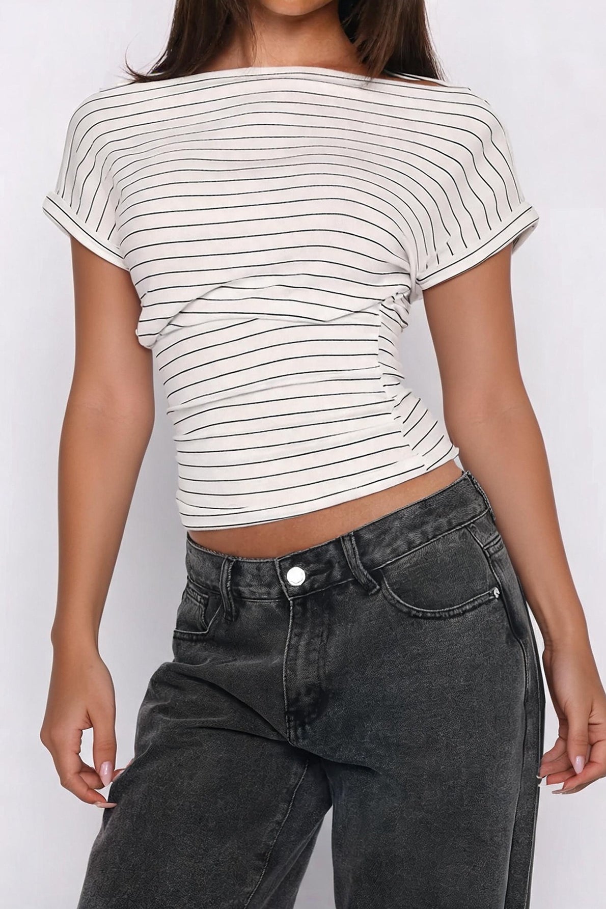 Ruched Cinched Waist Striped Off Shoulder Tee Secondary image