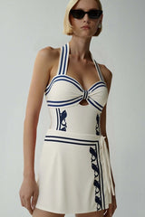 Navy Halter Strappy High Waist One Piece Swimwear
