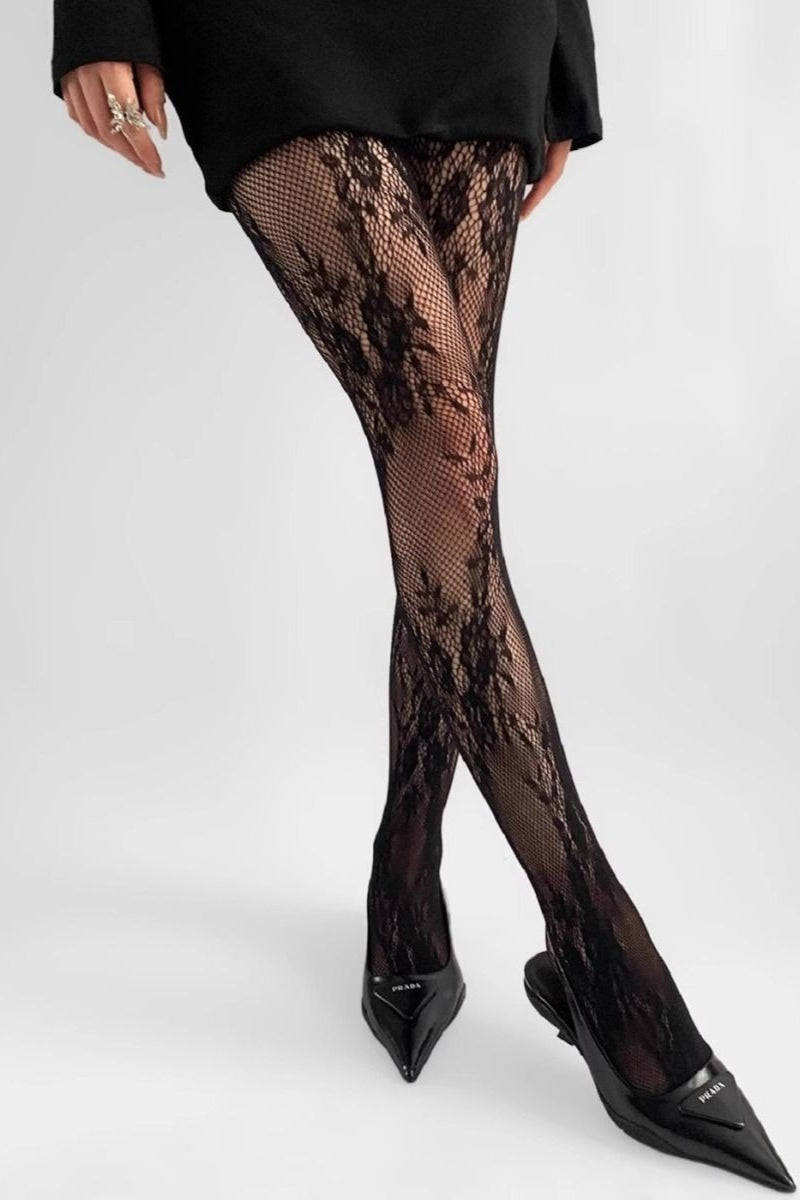 Retro Lace Grey Fishnet Tights Secondary image