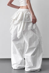 Lace Skirt Hem Trim Wide Leg Casual Pants