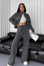 Stand Collar Zip Sweatshirt Stripe Pants Set