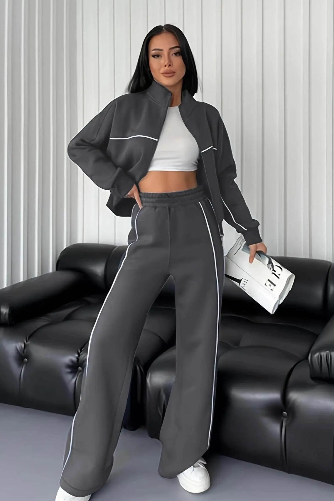 Stand Collar Zip Sweatshirt Stripe Pants Set