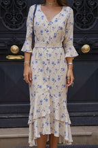 Asymmetric V Neck Flare Sleeve Floral Dress