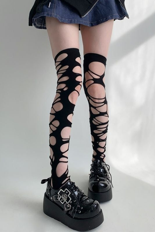 Y2K Gothic Distressed Cutout Thigh-High Stockings Secondary image