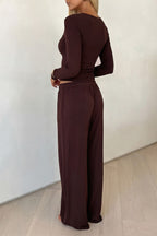 Brown Deep V Fitted Active Pants Set