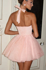 Boned Halter Lace Tie Waist Tulle Mini Dress