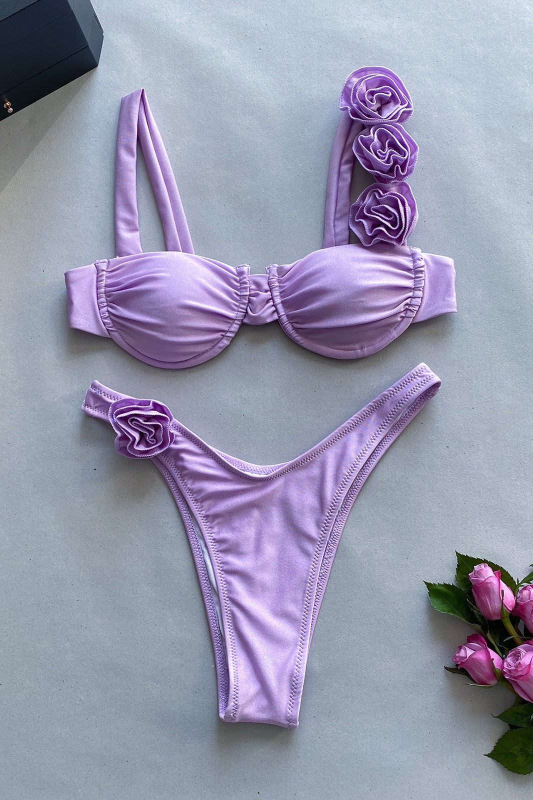3D Flower Off Shoulder Strap Bikini Set