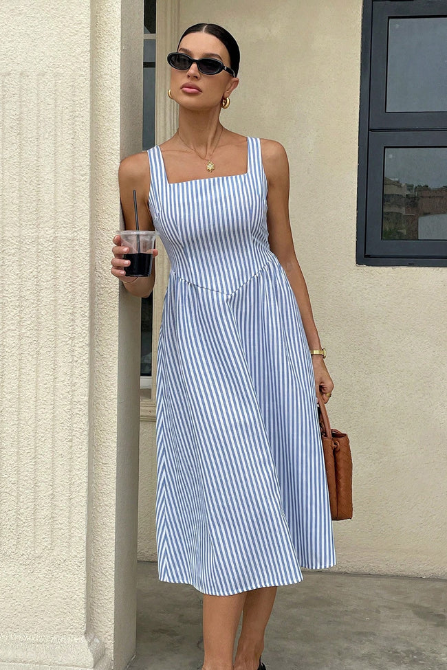 Elegant Striped Square Neck Vacation Dress Main image