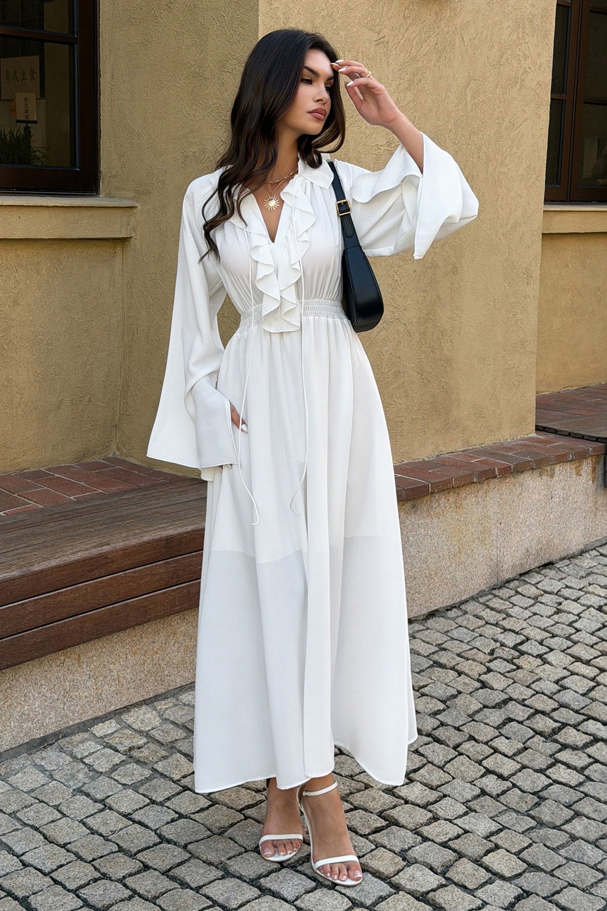 High Waist V Neck Long Sleeve Elegant Maxi Dress Secondary image