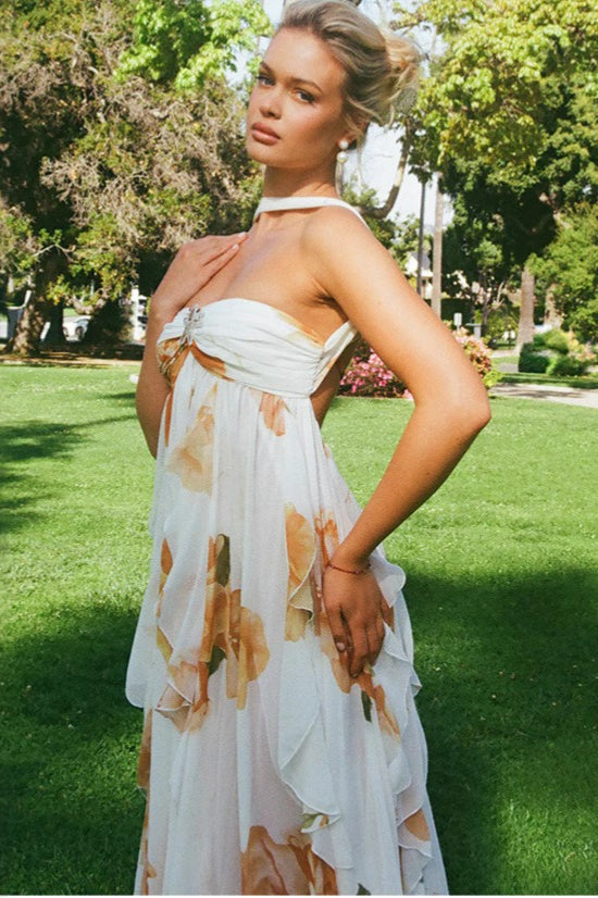 Floral Backless Halter Maxi Dress S / Orange Main image