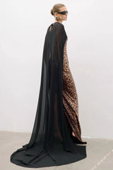 Leopard Sequin Sheer Cape Spaghetti Strap Backless Prom Dress