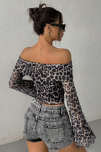 Leopard Print Off Shoulder Long Sleeve Tee