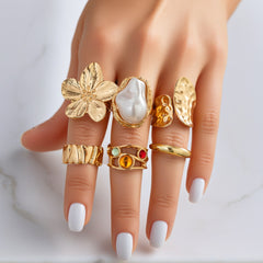 6-Piece Baroque Pearl Floral Adjustable Ring Set