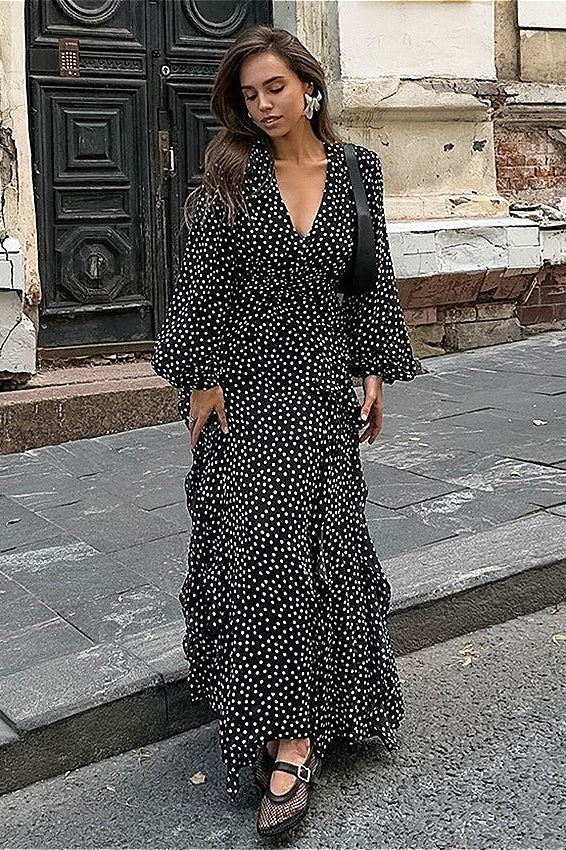 Vintage V-Neck Polka Dot Puff Sleeve A-Line Maxi Dress Secondary image