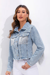 Fringed Patchwork Plus Size Denim Jacket