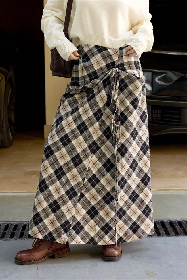 Asymmetric Color Block Plaid Midi Skirt Main image