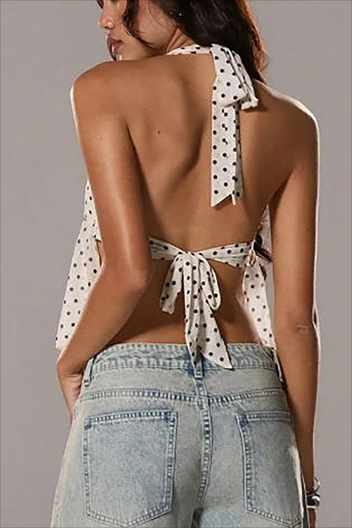 Polka Dot Deep V Ruffle Tie Neck Halter Top Secondary image