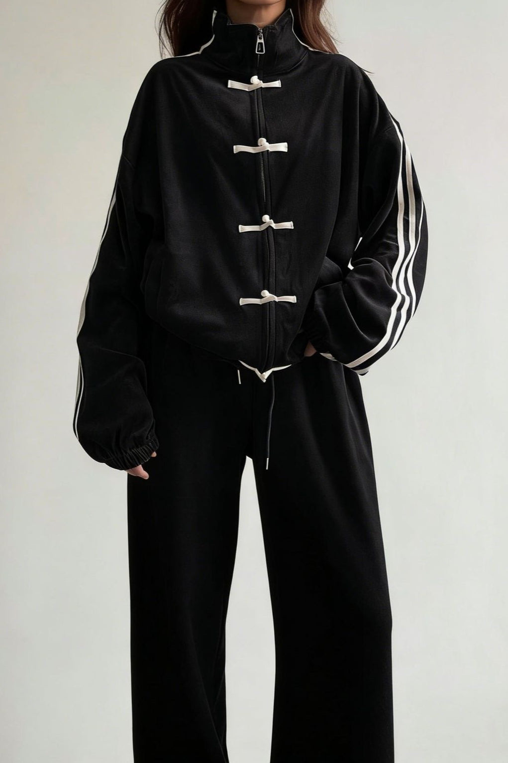 Stand Collar Suede Jacket Wide Leg Two Piece Set