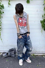 Y2K Lip Tongue Print Sleeveless Hoodie