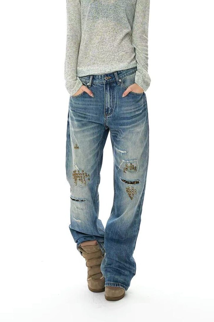 Rivet Lightning Distressed Flare Jeans