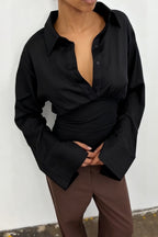 Gathered Waist Bell Sleeve Button Blouse