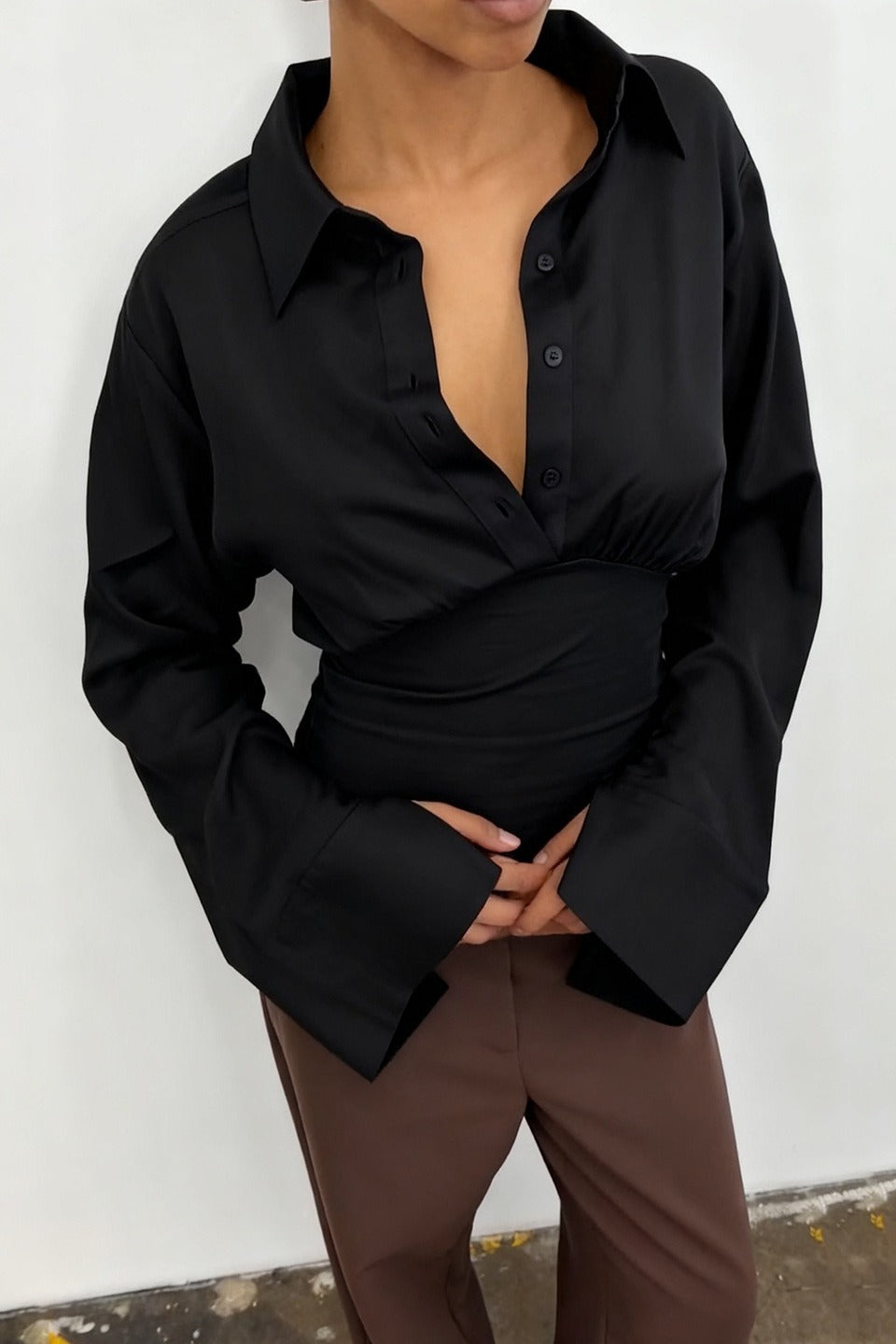 Gathered Waist Bell Sleeve Button Blouse