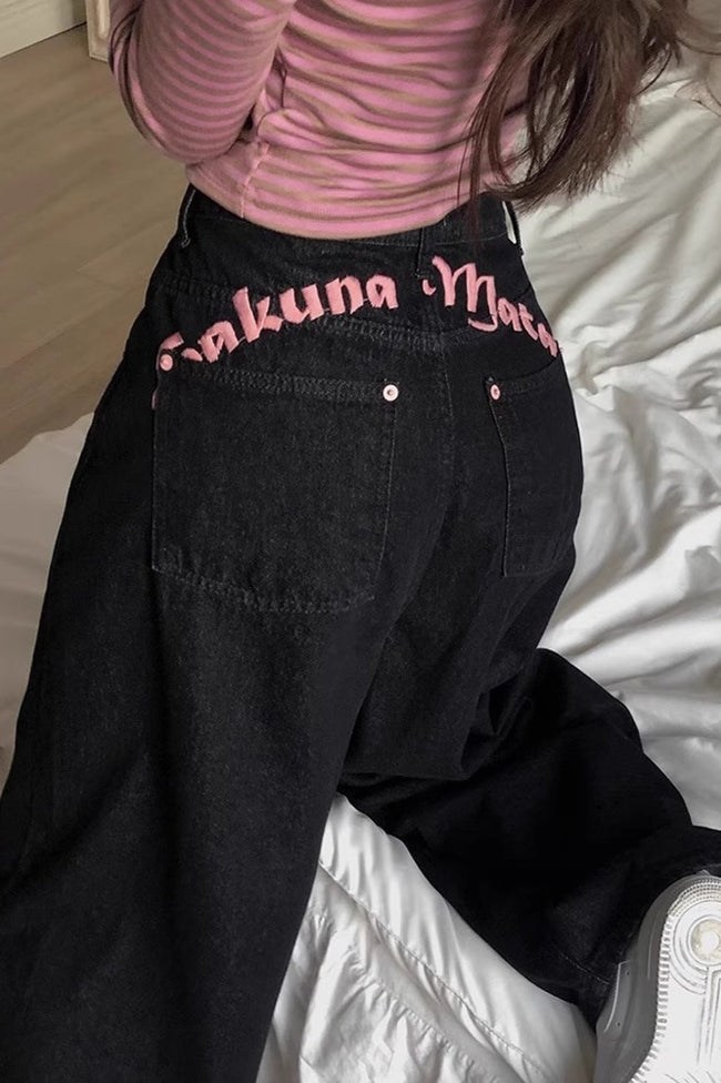 Black Embroidery Letter Print High Waist Jeans Main image