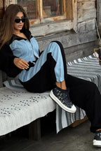 Color Block Casual Hoodie Denim Two Piece Pants Set