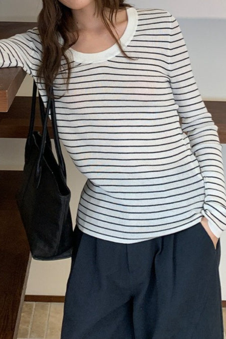 Wool Striped Round Neck Knit Top Secondary image