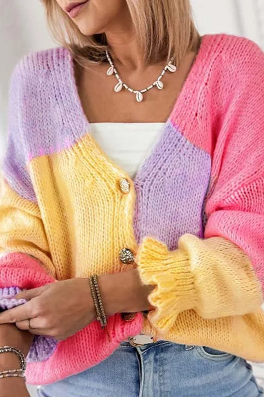 Colorblock Knit V Neck Cardigan