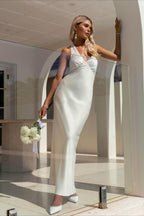 Halter V Neck Stretch Satin Cocktail Dress