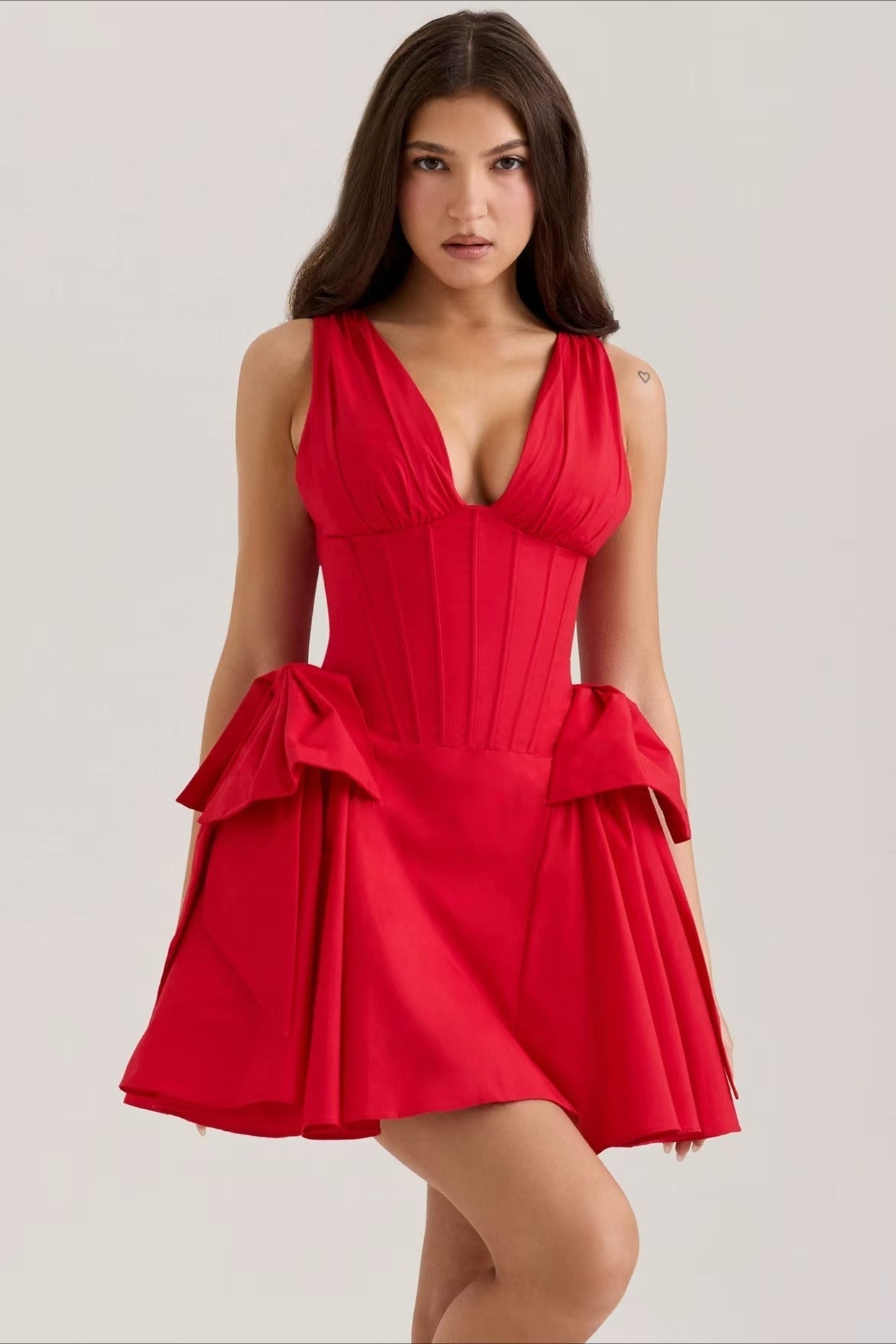 V-Neck Corset Puff Party Dress S / Red Main image