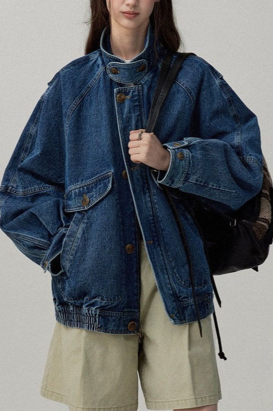 Stand Collar Washed Denim Utility Jacket Secondary image