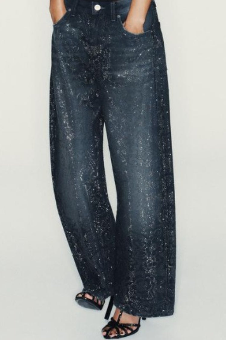 Low Rise Wide Leg Rhinestone Embellished Jeans