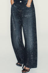 Low Rise Wide Leg Rhinestone Embellished Jeans